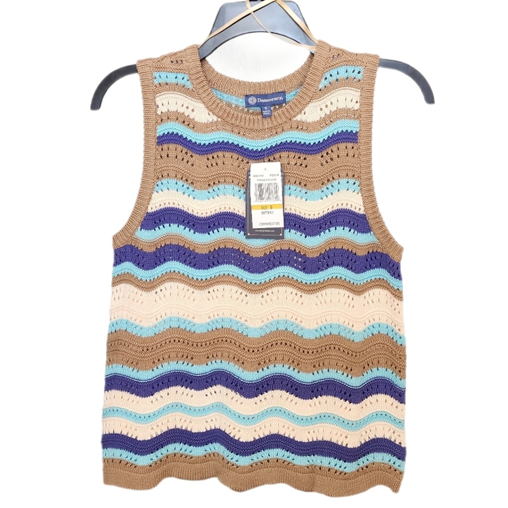 Democracy Wavy Strip Crochet Stitch Cotton Sleeveless Sweater Tank Top Size S